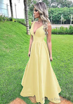 A-line V Neck Sleeveless Long/Floor-Length Satin Prom Dresses With Pleated