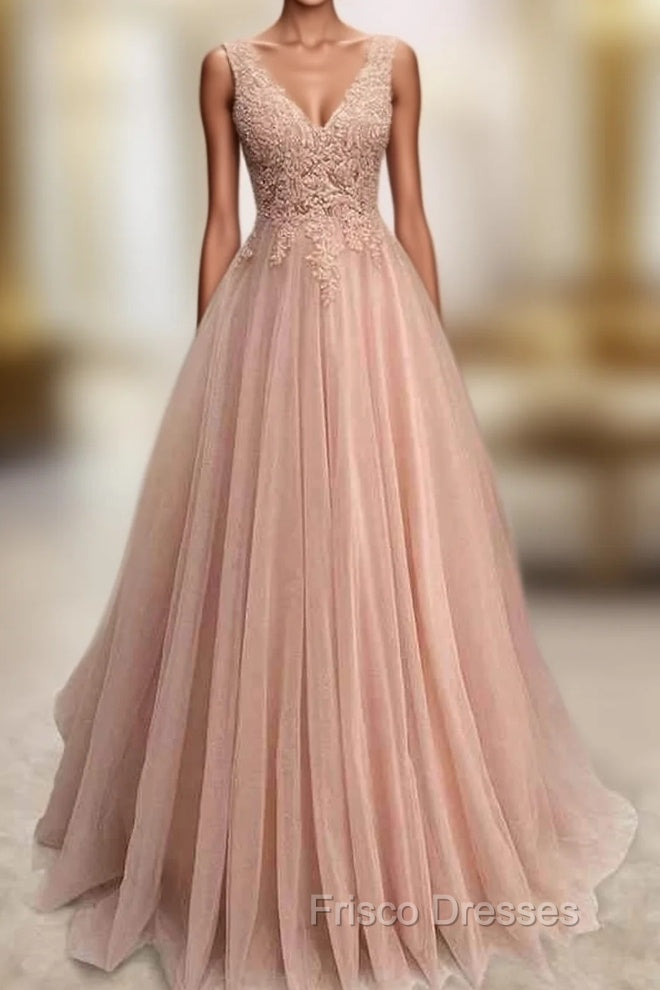 A-line V Neck Sleeveless Long/Floor-Length Tulle Glitter Formal Prom Dress With Appliqued Beading