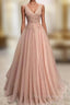 A-line V Neck Sleeveless Long/Floor-Length Tulle Glitter Formal Prom Dress With Appliqued Beading