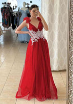 A-line V Neck Sleeveless Long/Floor-Length Tulle Prom Dresses With Appliqued Beading Flowers