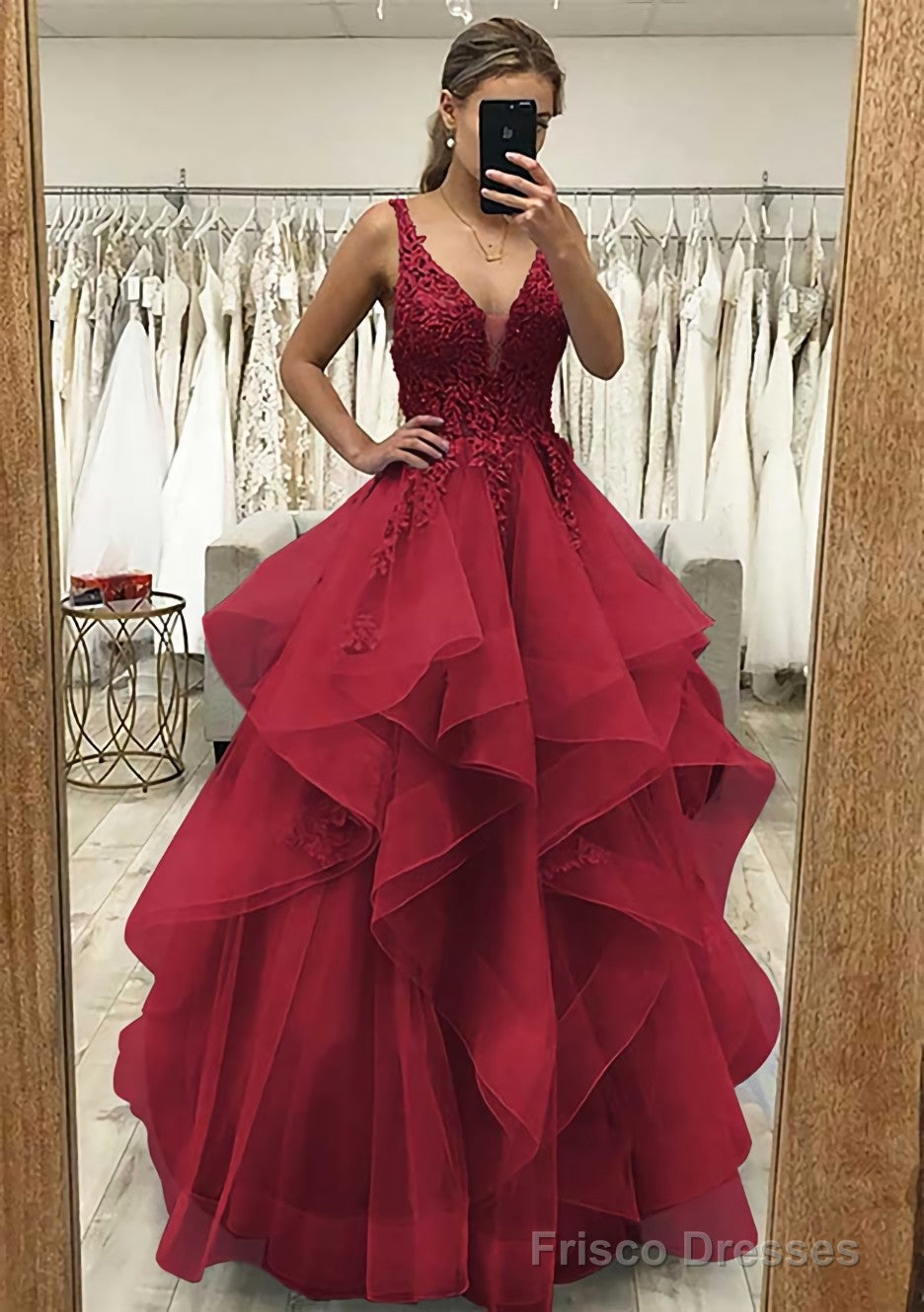 A-line V Neck Sleeveless Long/Floor-Length Tulle Satin Prom Dresses With Lace Appliqued