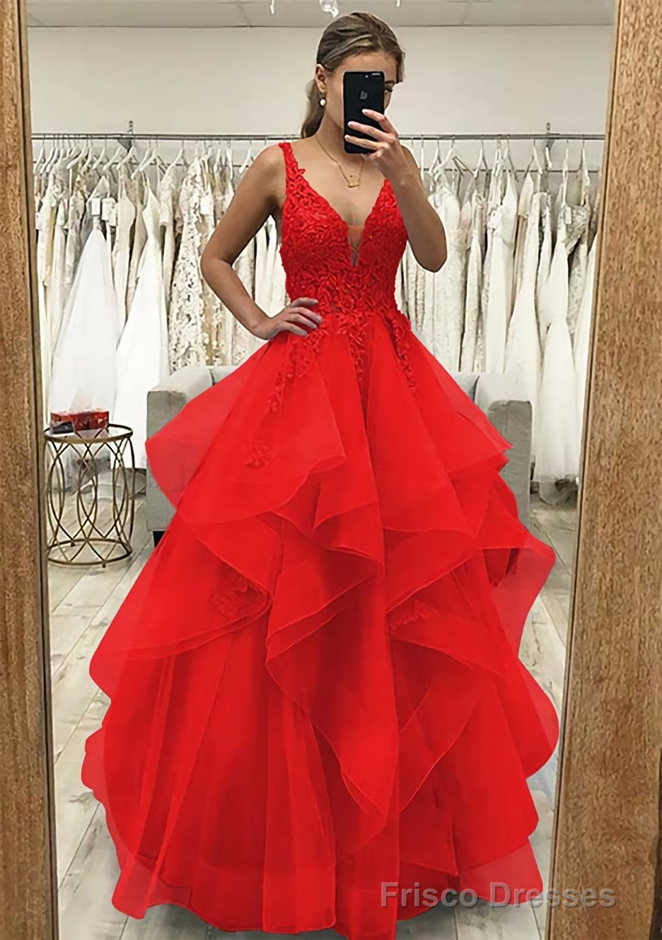 A-line V Neck Sleeveless Long/Floor-Length Tulle Satin Prom Dresses With Lace Appliqued