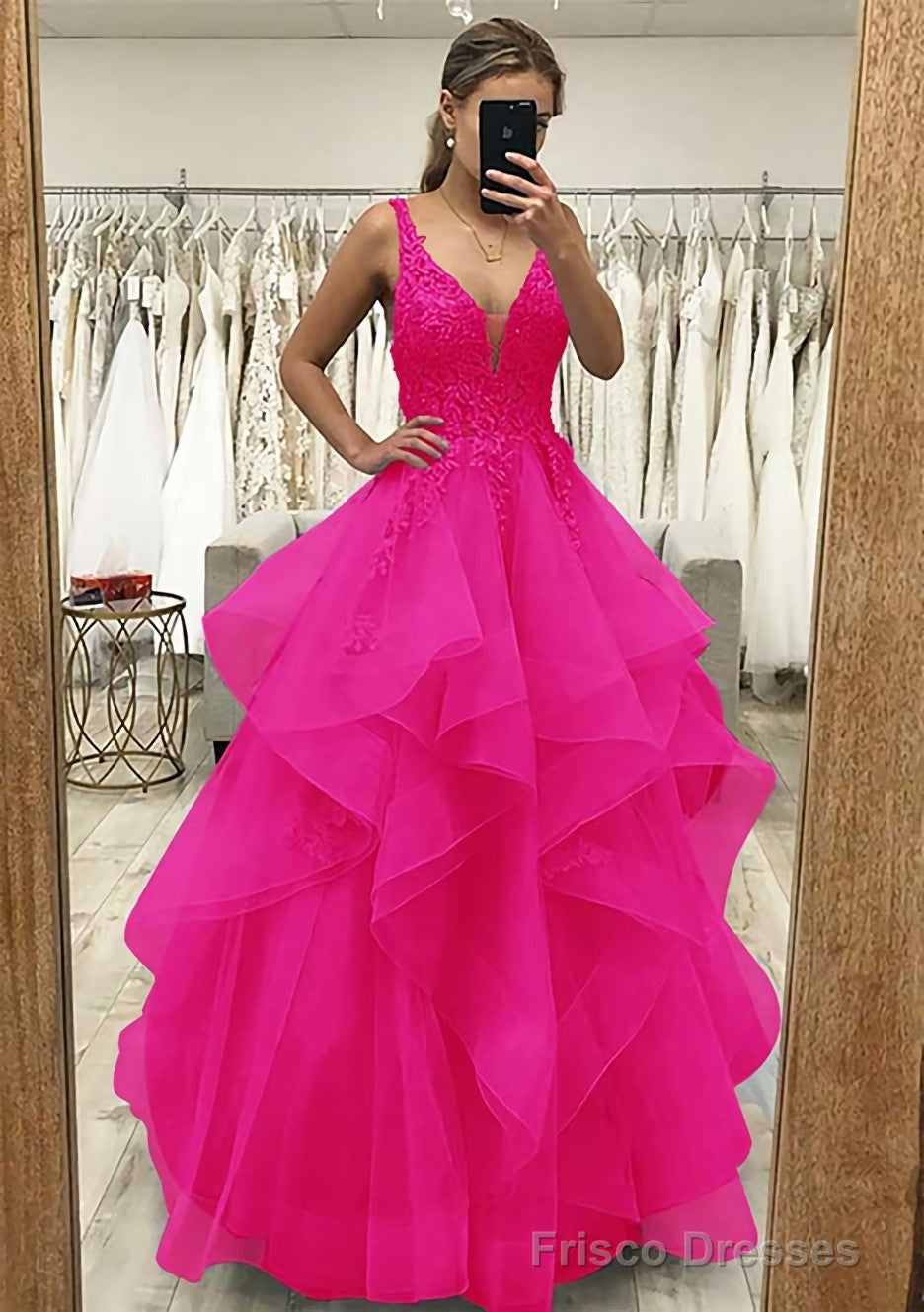 A-line V Neck Sleeveless Long/Floor-Length Tulle Satin Prom Dresses With Lace Appliqued