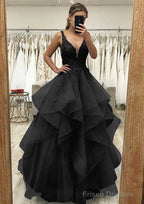 A-line V Neck Sleeveless Long/Floor-Length Tulle Satin Prom Dresses With Lace Appliqued