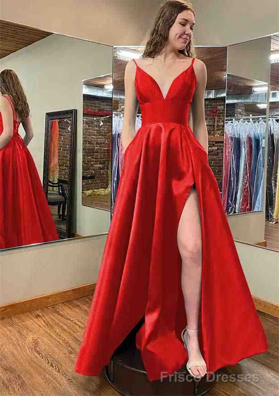 high low formal dresses with pockets A-line V Neck Sleeveless Satin Long/Floor-Length Prom Poc – Frisco Dresses Nafori proudly presents our Fit:Classic Bridal Choker Women's Asymmetrical Neck Dress