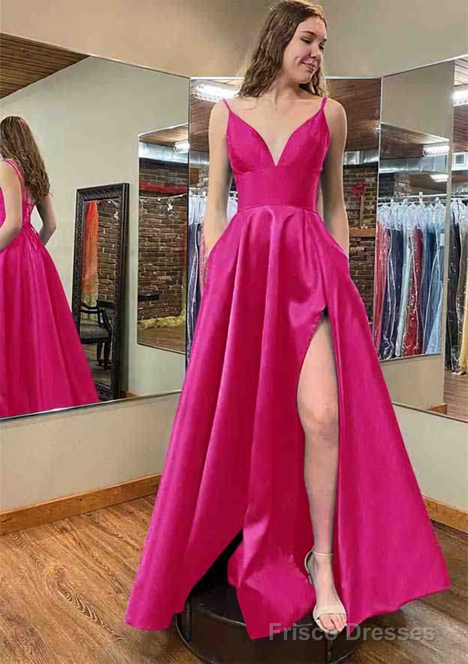 A-line V Neck Sleeveless Satin Long/Floor-Length Prom Dresses With Poc – Frisco Dresses