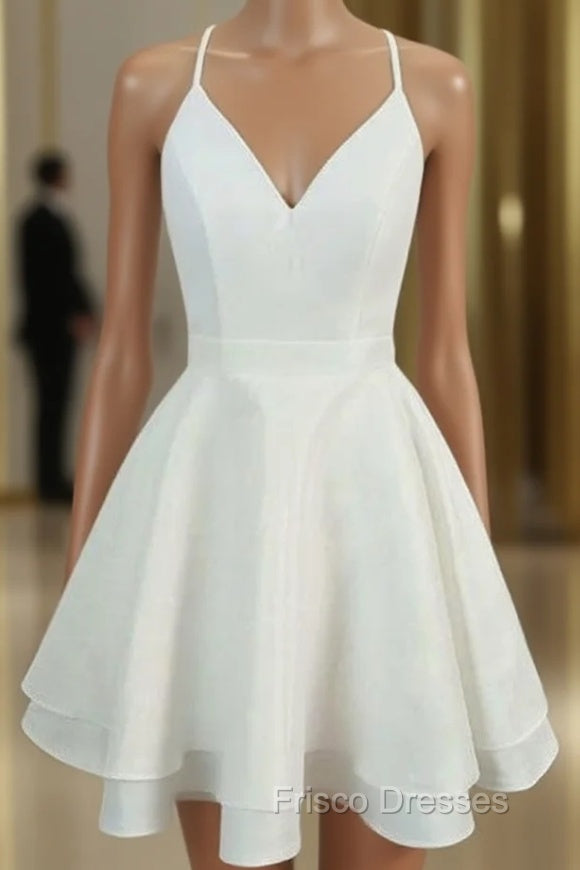 A-line V Neck Sleeveless Satin Short/Mini Homecoming Dress With Lace Main image