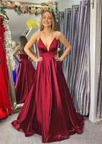 A-line V Neck Sleeveless Satin Sweep Train Prom Dresses With Beading