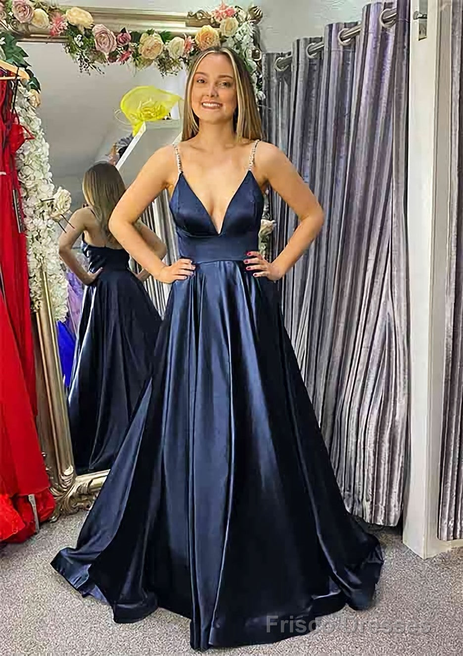 A-line V Neck Sleeveless Satin Sweep Train Prom Dresses With Beading