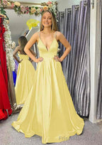 A-line V Neck Sleeveless Satin Sweep Train Prom Dresses With Beading