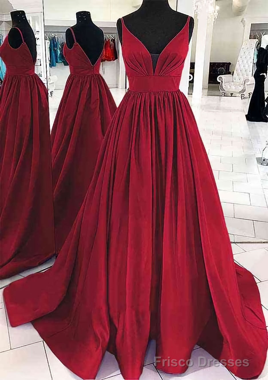A-line V Neck Sleeveless Satin Sweep Train Prom Dresses With Pleated