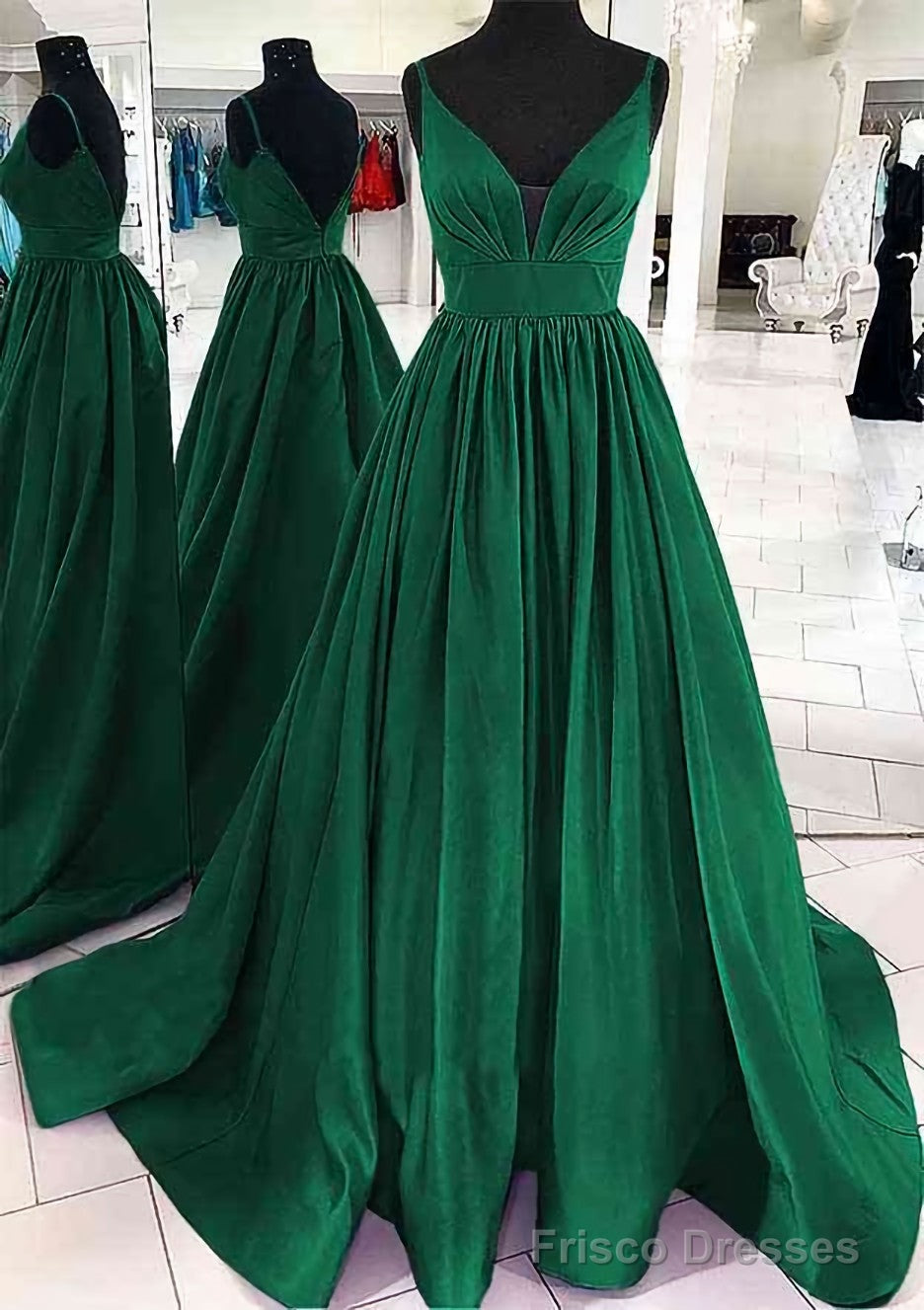 A-line V Neck Sleeveless Satin Sweep Train Prom Dresses With Pleated