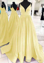 A-line V Neck Sleeveless Satin Sweep Train Prom Dresses With Pleated