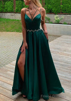 A-line V Neck Sleeveless Satin Sweep Train Prom Dresses With Pockets Waistband Split
