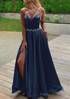 A-line V Neck Sleeveless Satin Sweep Train Prom Dresses With Pockets Waistband Split