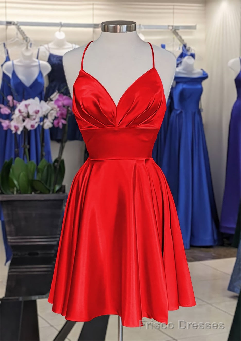 A-line V Neck Sleeveless Short/Mini Charmeuse Homecoming Dresses with Pleated