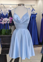 A-line V Neck Sleeveless Short/Mini Charmeuse Homecoming Dresses with Pleated