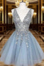 A-line V Neck Sleeveless Short/Mini Homecoming Dress With Beading Ruffles Sequins