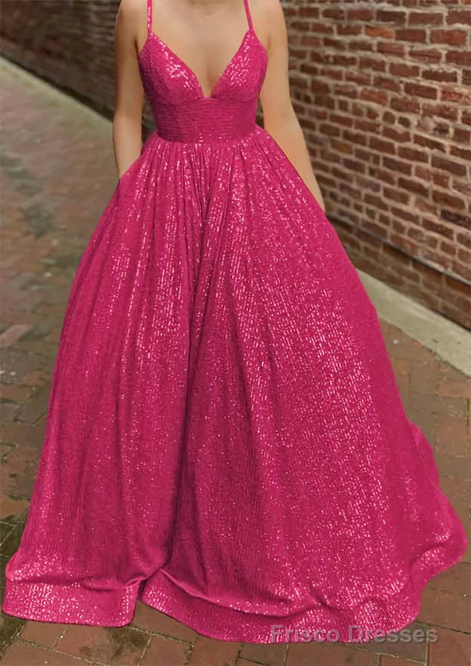 A-line V Neck Sleeveless Sweep Train Sequined Prom Dresses with Pockets