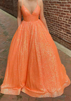 A-line V Neck Sleeveless Sweep Train Sequined Prom Dresses with Pockets