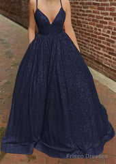 A-line V Neck Sleeveless Sweep Train Sequined Prom Dresses with Pockets