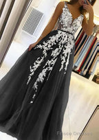 A-line V Neck Sleeveless Sweep Train Tulle Prom Dresses With Beading Lace