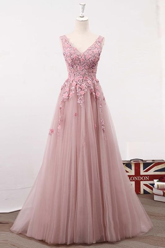 A Line V Neck Sleeveless Tulle Long with Flowers Party Prom Dress Main image