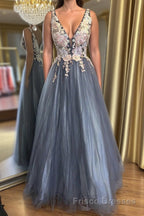 A Line V Neck Smoke Blue Long Formal Prom Dresses with Lace Appliques, Floral Smoke Blue Formal Graduation Evening Dresses