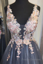 A Line V Neck Smoke Blue Long Formal Prom Dresses with Lace Appliques, Floral Smoke Blue Formal Graduation Evening Dresses