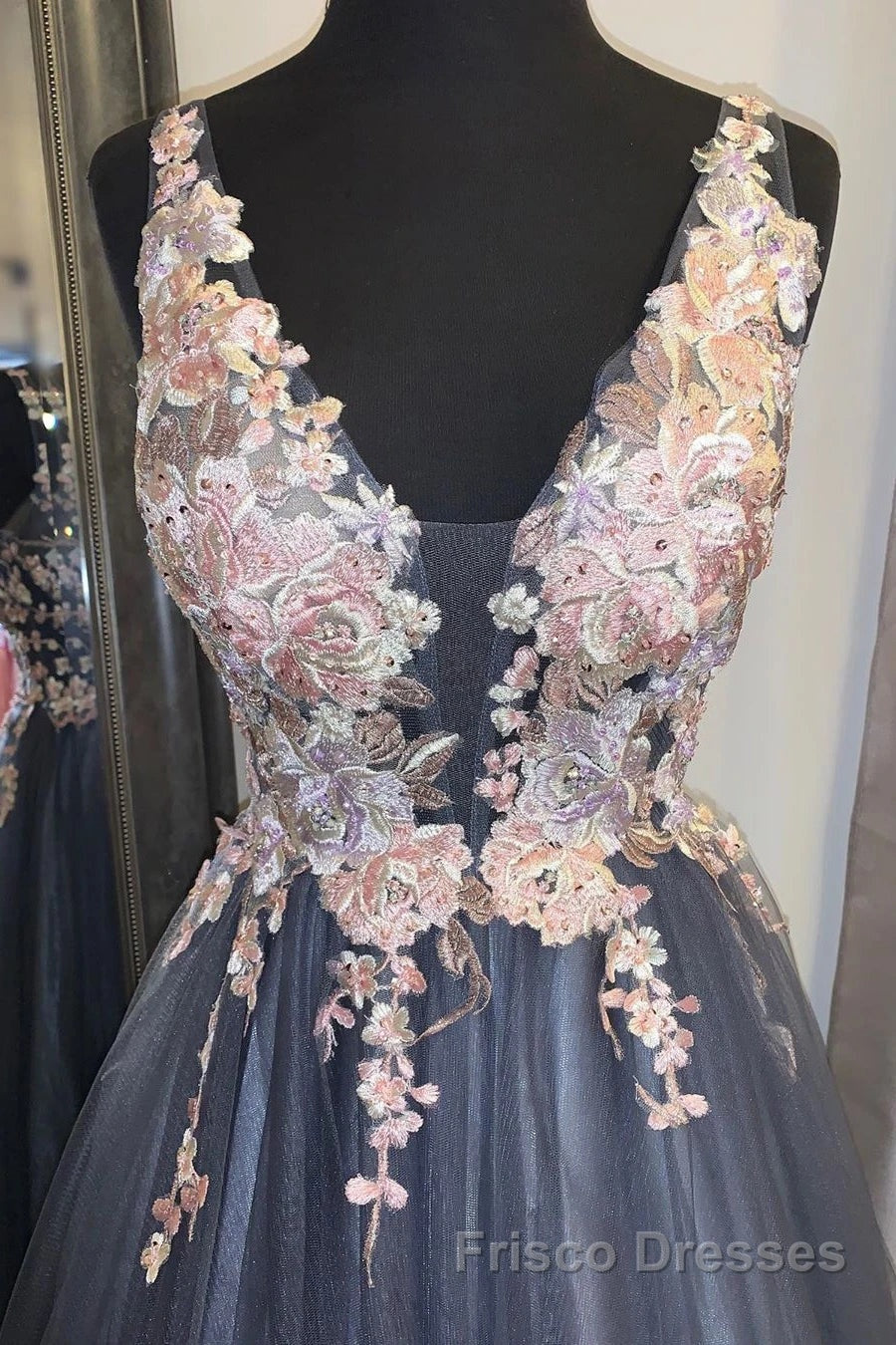 A Line V Neck Smoke Blue Long Formal Prom Dresses with Lace Appliques, Floral Smoke Blue Formal Graduation Evening Dresses