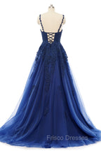 A-line V-neck Spaghetti strap Floor-length Sleeveless Backless Appliques Lace Elegant Formal Prom Dress