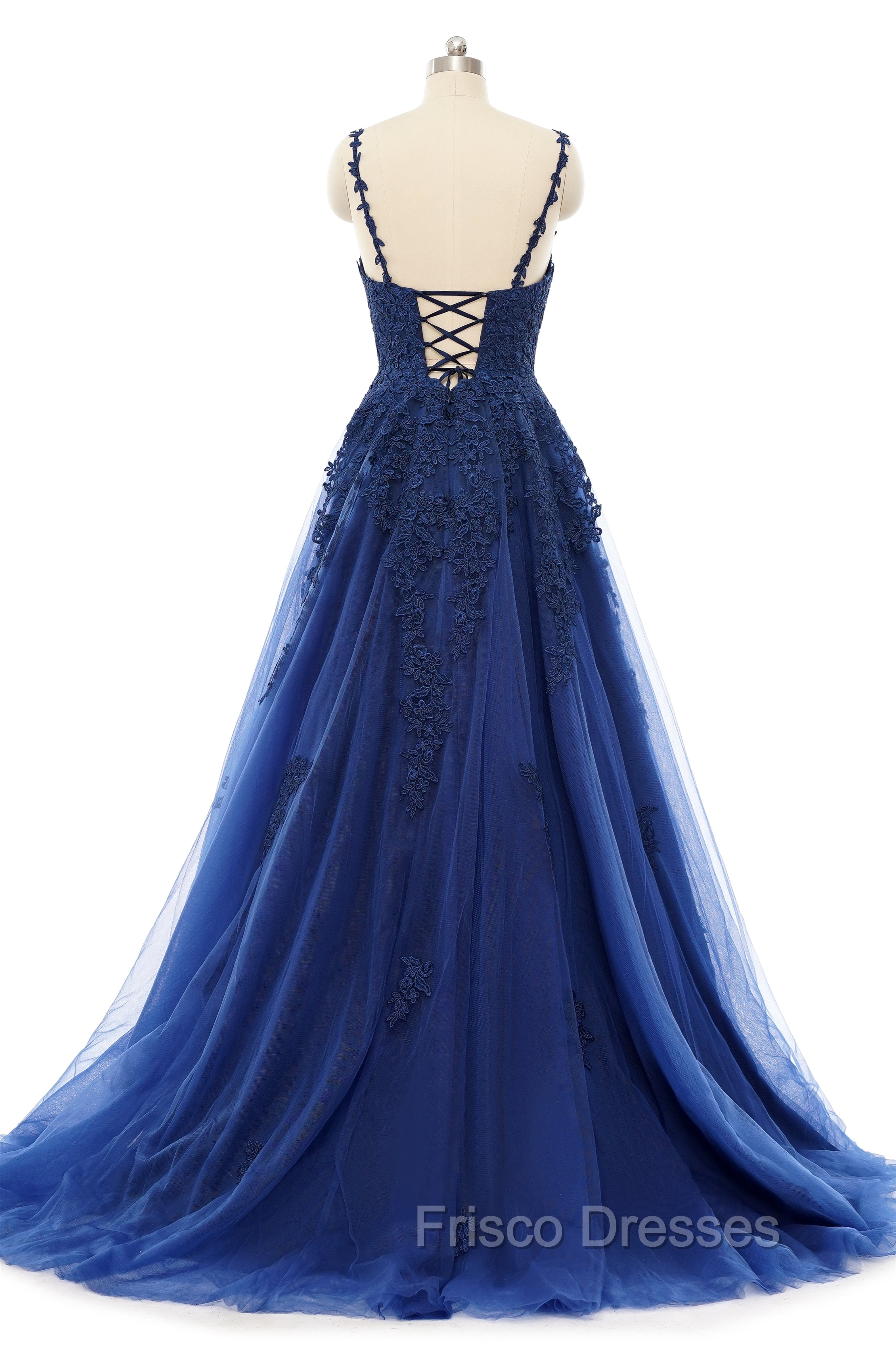 A-line V-neck Spaghetti strap Floor-length Sleeveless Backless Appliques Lace Elegant Formal Prom Dress