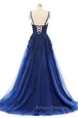 A-line V-neck Spaghetti strap Floor-length Sleeveless Backless Appliques Lace Elegant Formal Prom Dress