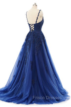 A-line V-neck Spaghetti strap Floor-length Sleeveless Backless Appliques Lace Elegant Formal Prom Dress