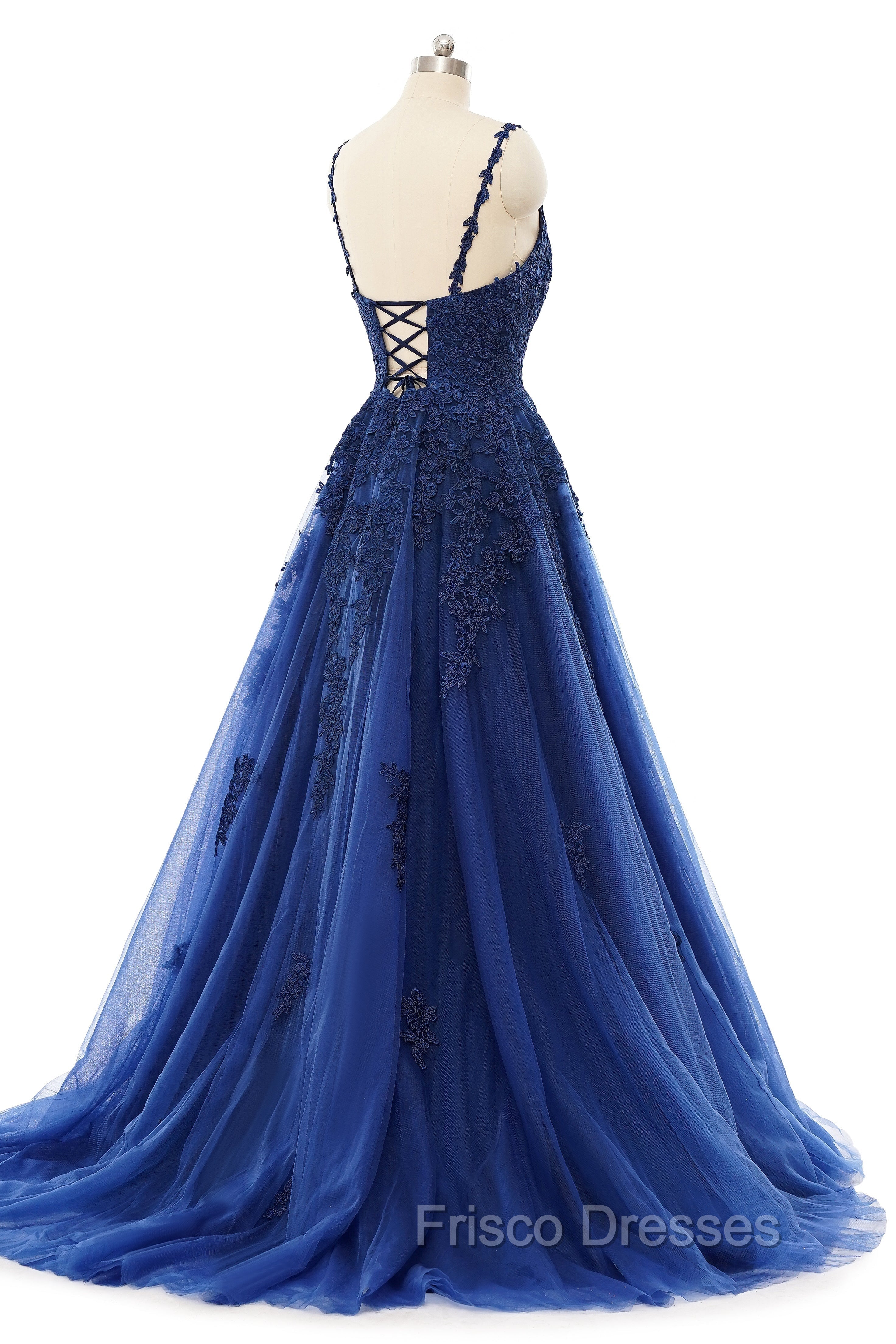 A-line V-neck Spaghetti strap Floor-length Sleeveless Backless Appliques Lace Elegant Formal Prom Dress