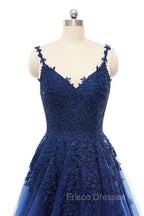 A-line V-neck Spaghetti strap Floor-length Sleeveless Backless Appliques Lace Elegant Formal Prom Dress