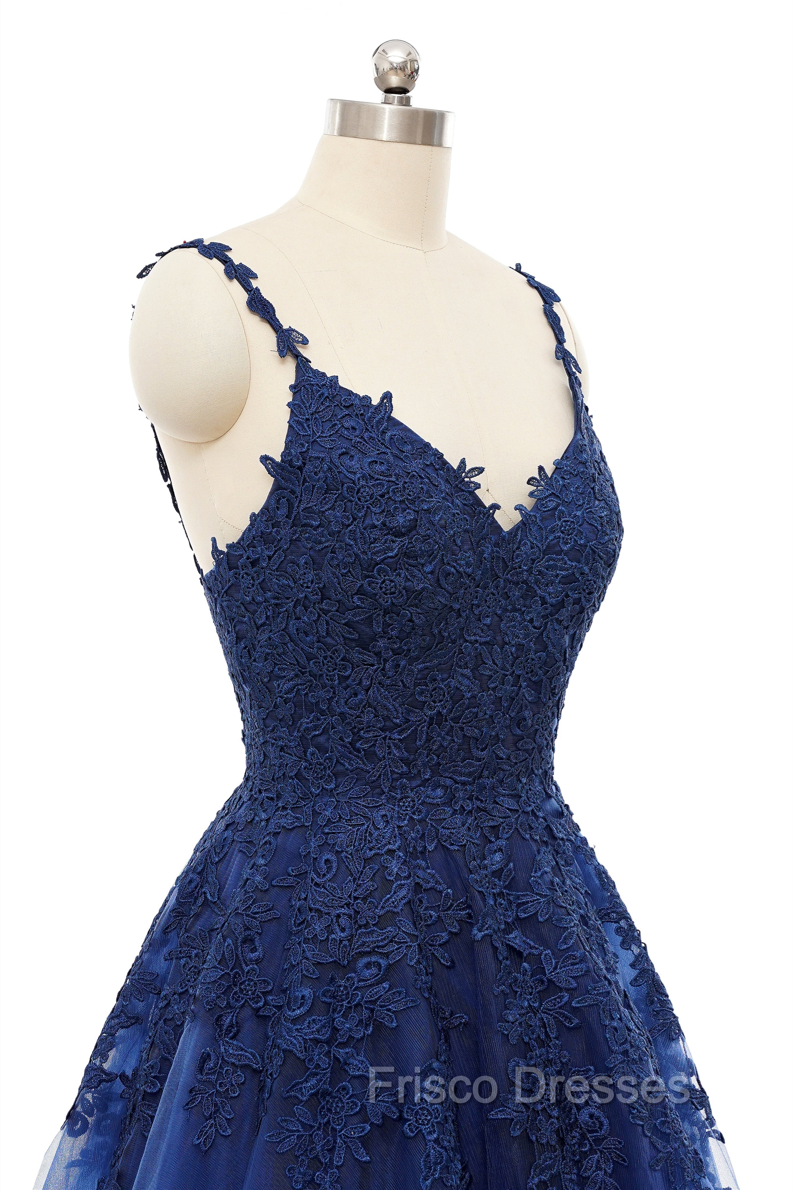 A-line V-neck Spaghetti strap Floor-length Sleeveless Backless Appliques Lace Elegant Formal Prom Dress