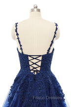 A-line V-neck Spaghetti strap Floor-length Sleeveless Backless Appliques Lace Elegant Formal Prom Dress