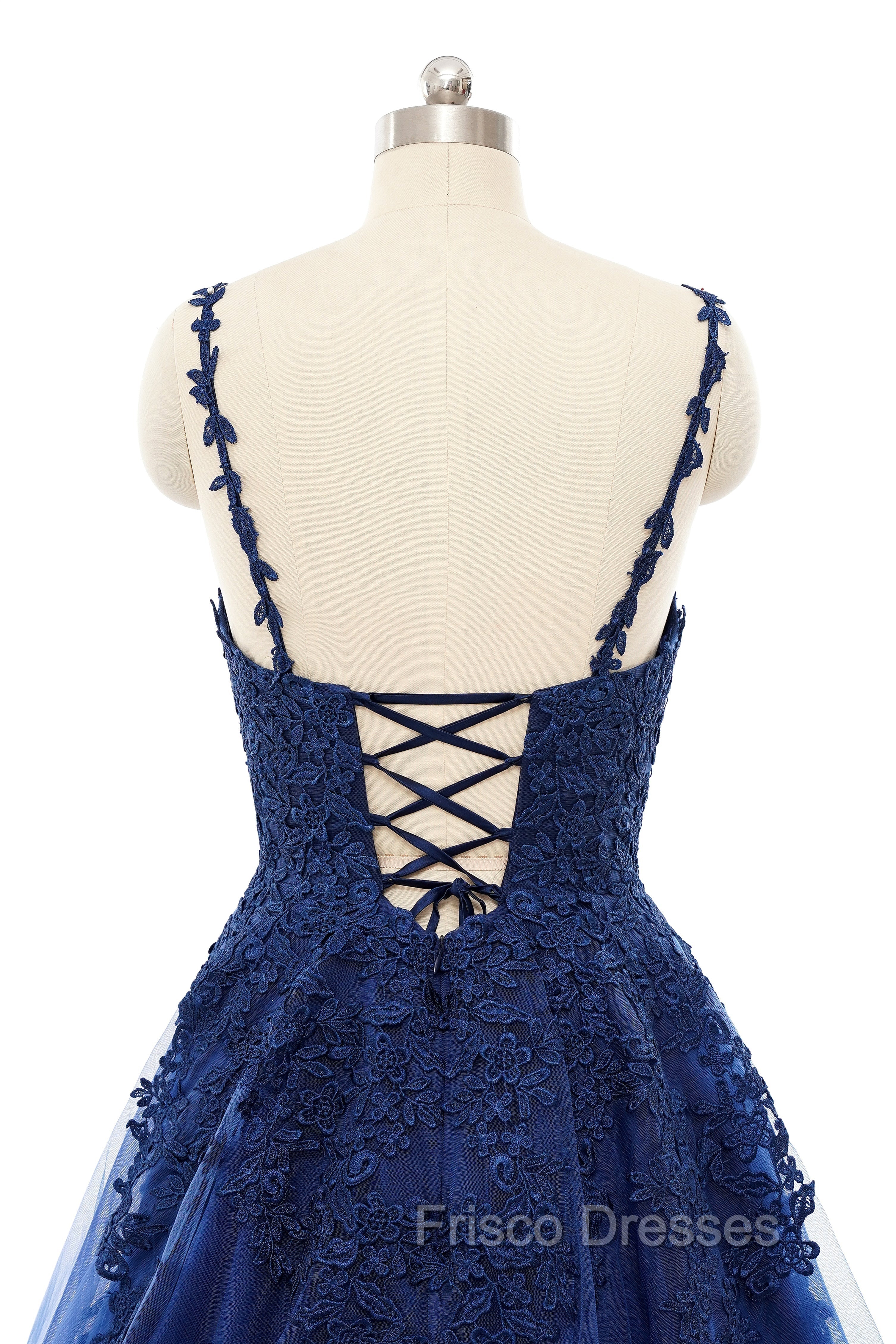 A-line V-neck Spaghetti strap Floor-length Sleeveless Backless Appliques Lace Elegant Formal Prom Dress