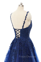 A-line V-neck Spaghetti strap Floor-length Sleeveless Backless Appliques Lace Elegant Formal Prom Dress