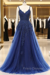 A-line V-neck Spaghetti strap Floor-length Sleeveless Backless Appliques Lace Elegant Formal Prom Dress