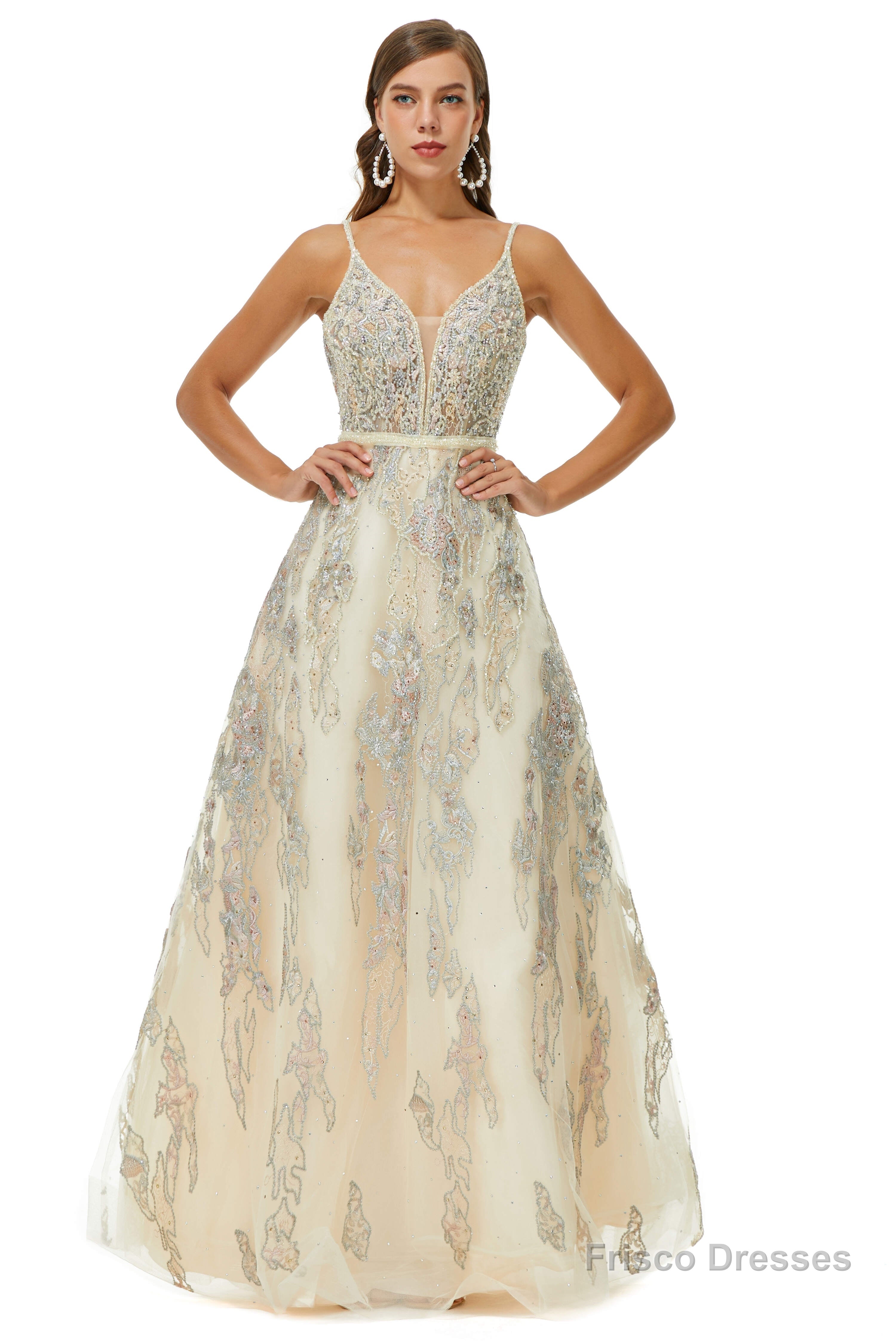 A-line V-neck Spaghetti strap Lace Floor-length Sleeveless Beading Prom Dresses Main image