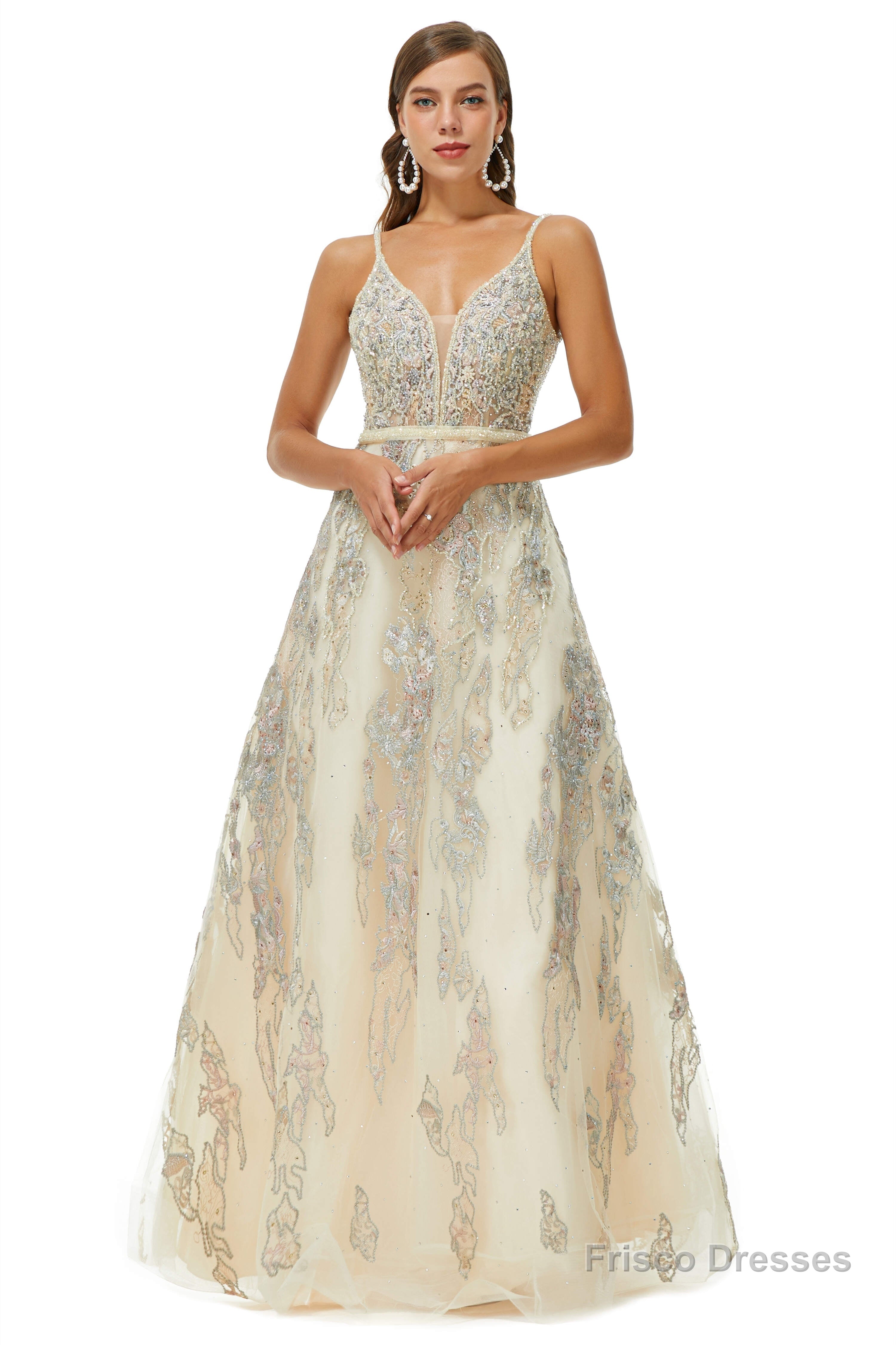 A-line V-neck Spaghetti strap Lace Floor-length Sleeveless Beading Prom Dresses Secondary image