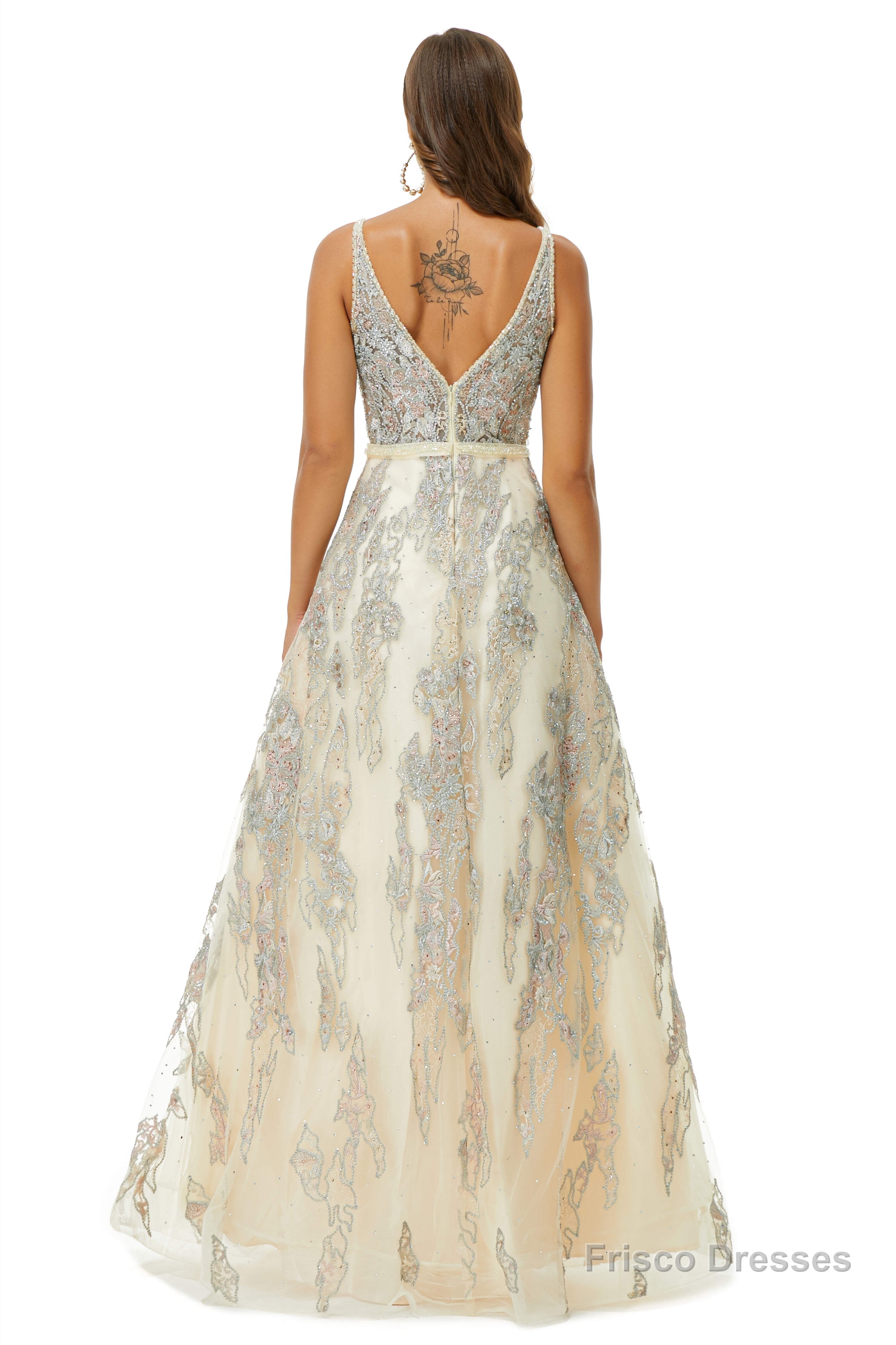 A-line V-neck Spaghetti strap Lace Floor-length Sleeveless Beading Prom Dresses