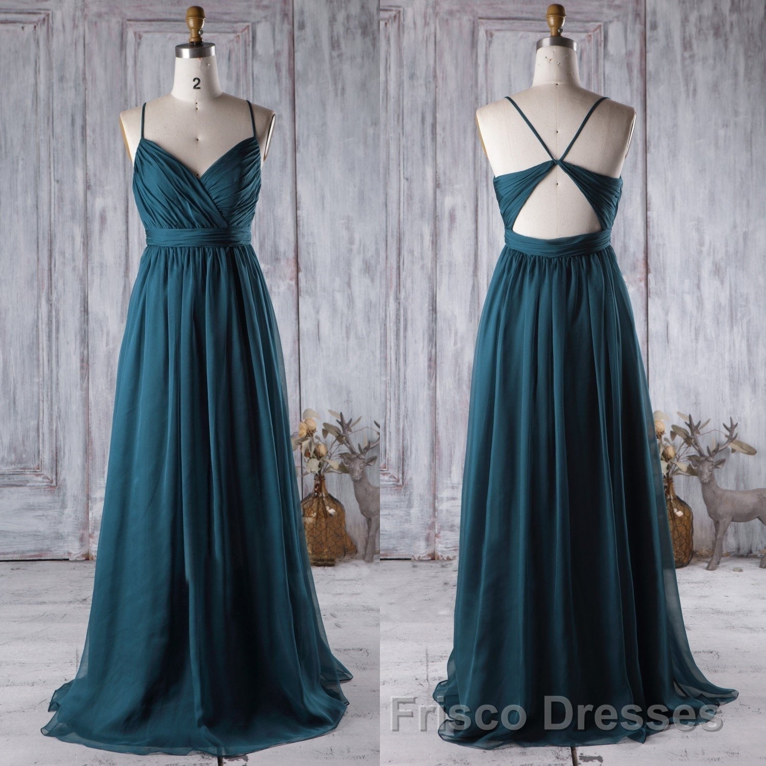 A Line V Neck Spaghetti Strap Peacock Blue Chiffon Long Formal Prom Dresses, V Neck Peacock Blue Formal Dresses Graudation Evening Dresses, Peacock Blue Bridesmaid Dresses Secondary image