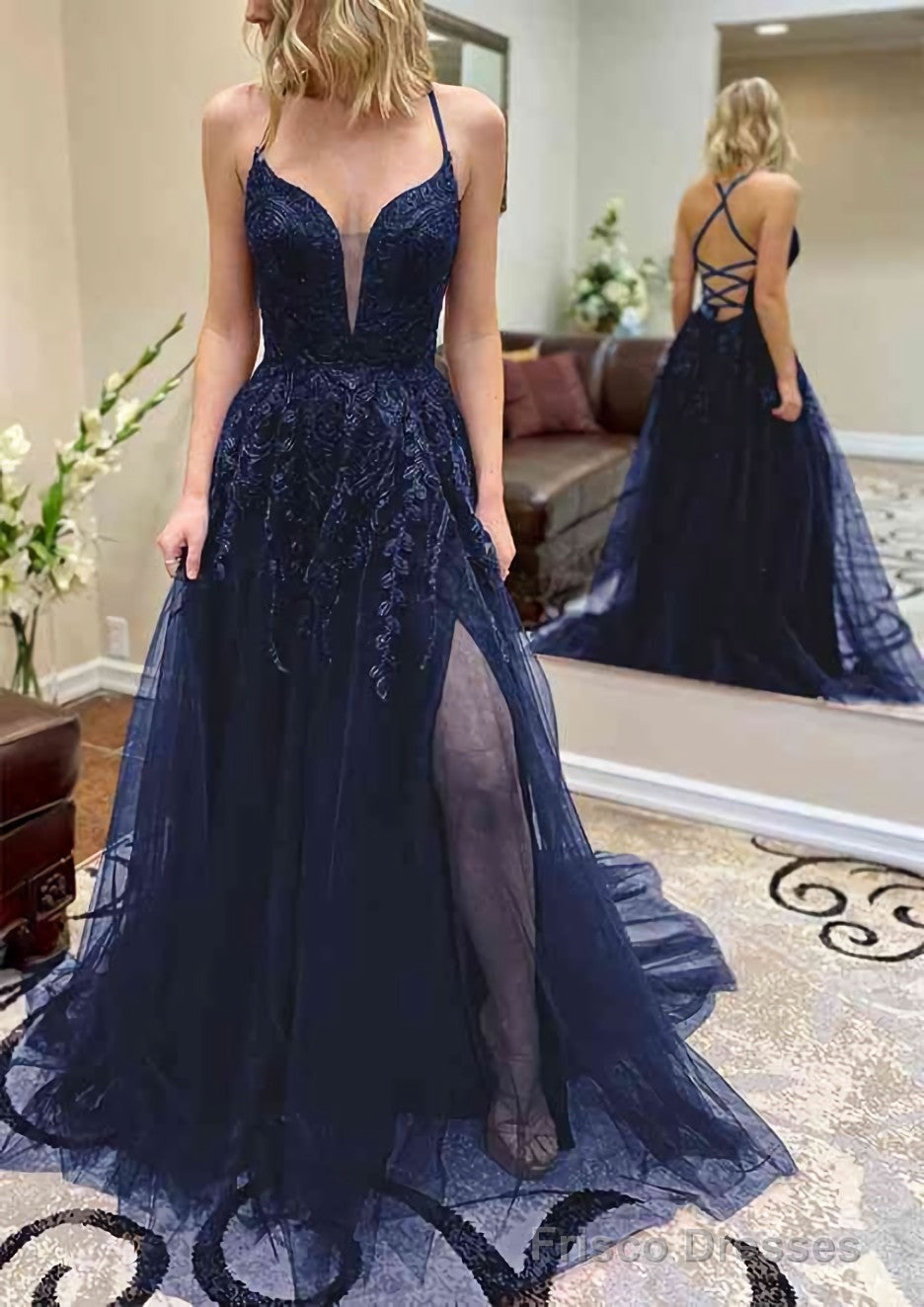 A-line V Neck Spaghetti Straps Chapel Train Tulle Prom Dresses With Split Appliqued Secondary image
