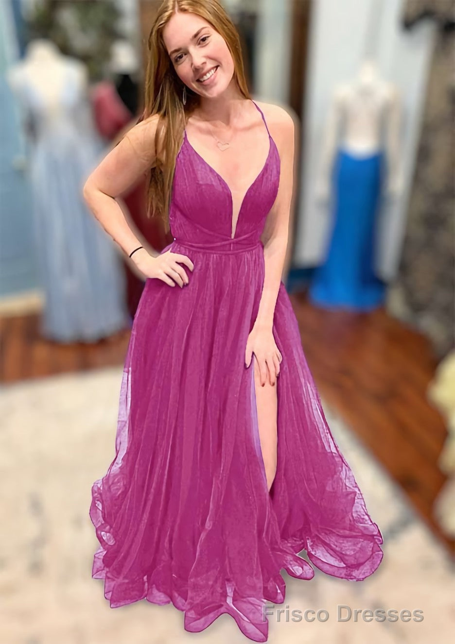 A-line V Neck Spaghetti Straps Court Train Tulle Prom Dresses With Split