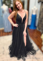 A-line V Neck Spaghetti Straps Court Train Tulle Prom Dresses With Split