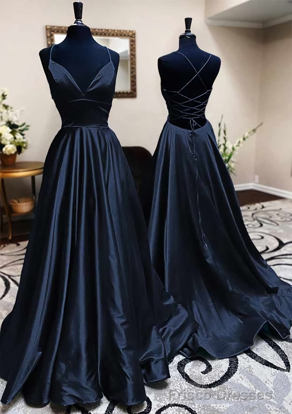A-line V Neck Spaghetti Straps Long/Floor-Length Charmeuse Prom Dresses With Pleated Secondary image