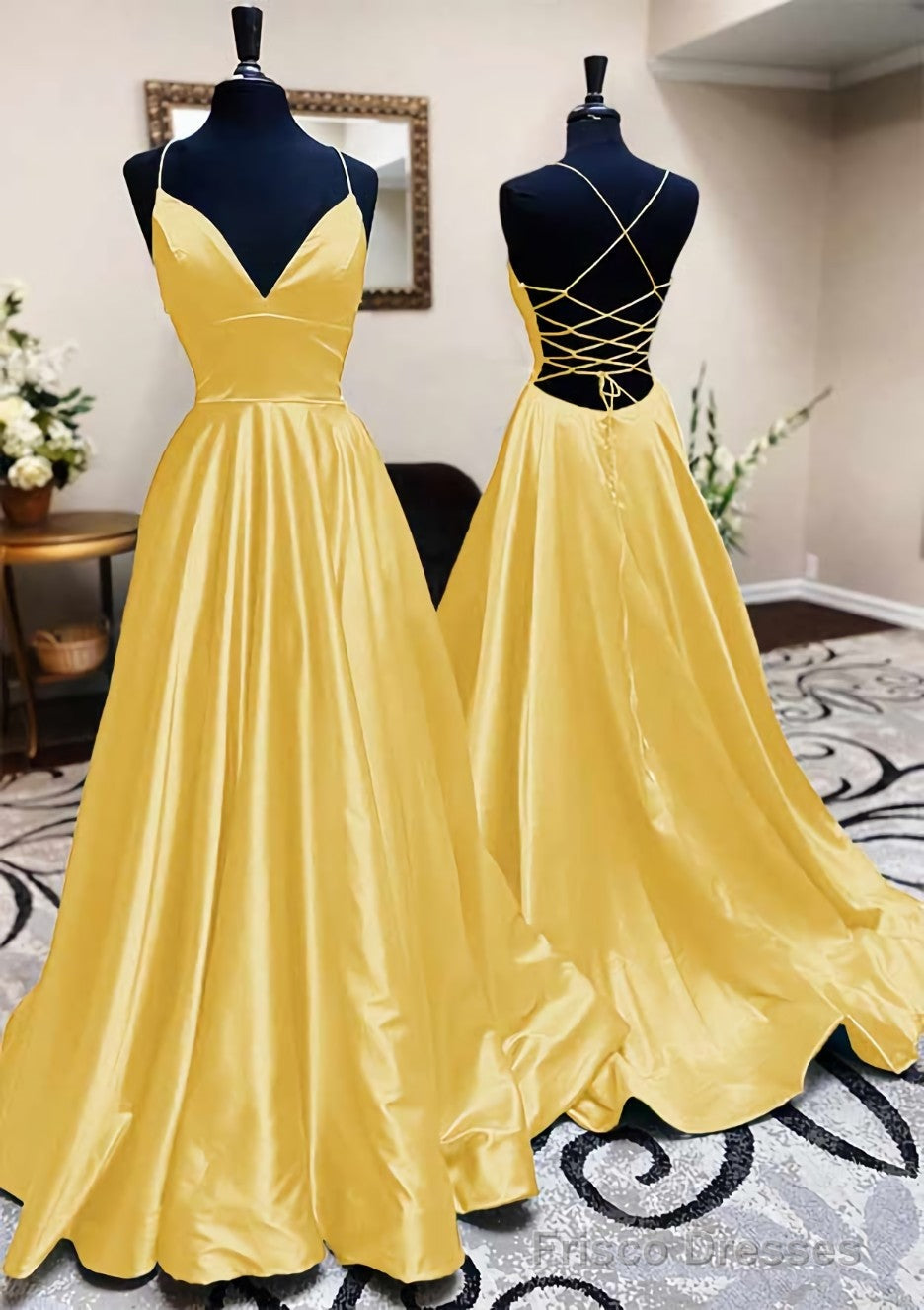 A-line V Neck Spaghetti Straps Long/Floor-Length Charmeuse Prom Dresses With Pleated